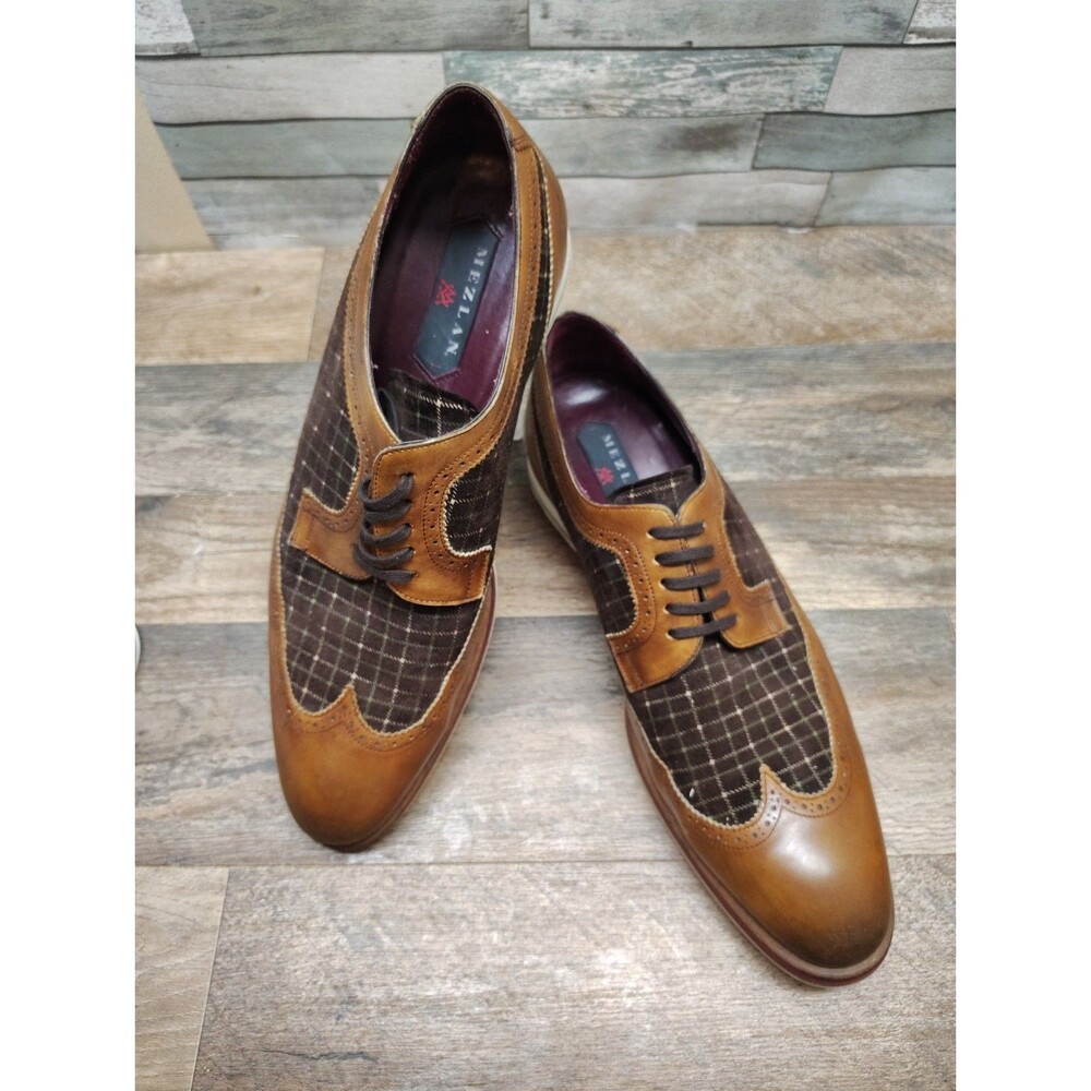 Mezlan Paulov Brown Leather & Plaid Wingtip Oxford Shoes Mens 11M Made in Spain